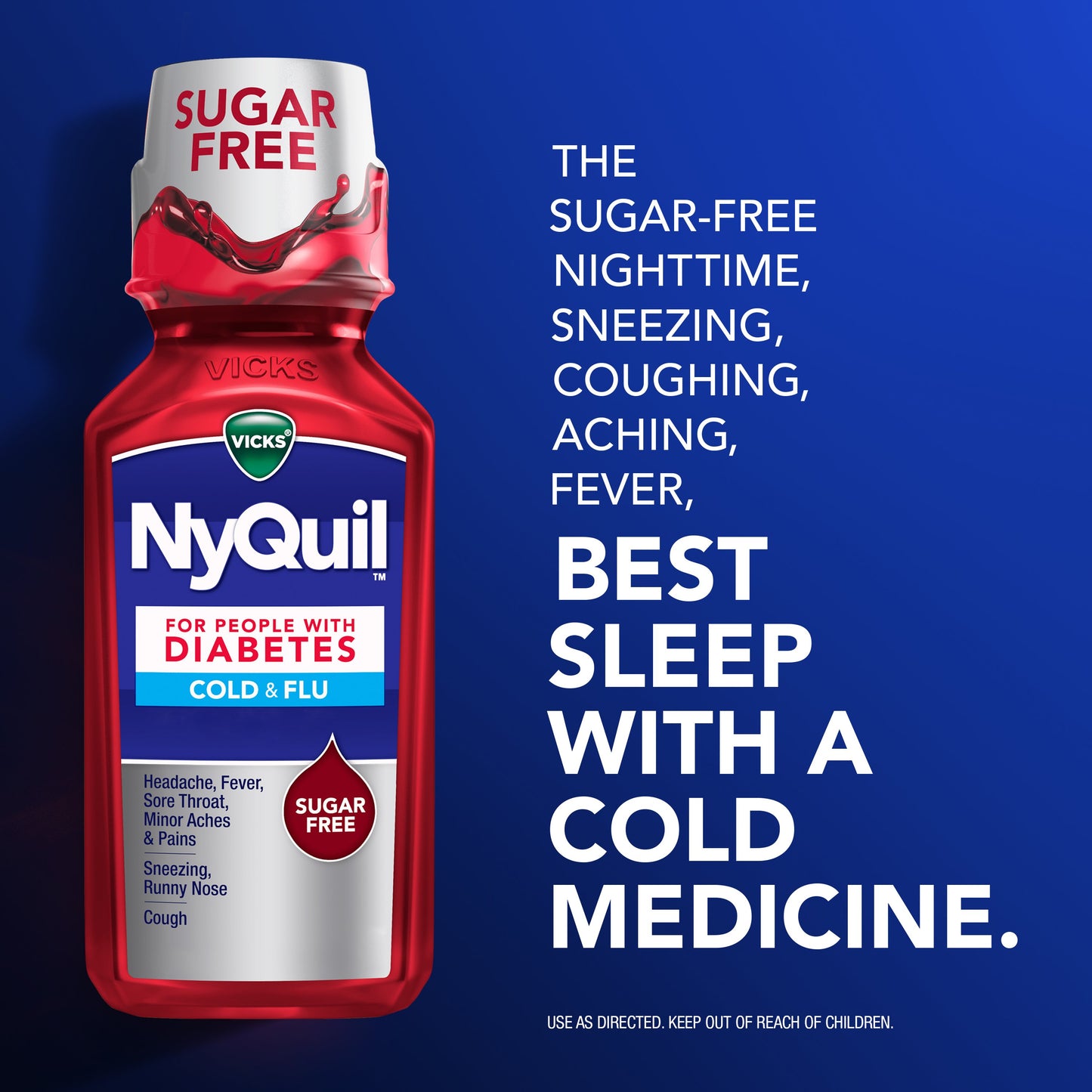 Vicks NyQuil Diabetes Cold & Flu Relief Liquid Over-the-Counter Medicine, Powerful Multi-Symptom Nighttime Relief, Free of Sugar, Alcohol, & Decongestants