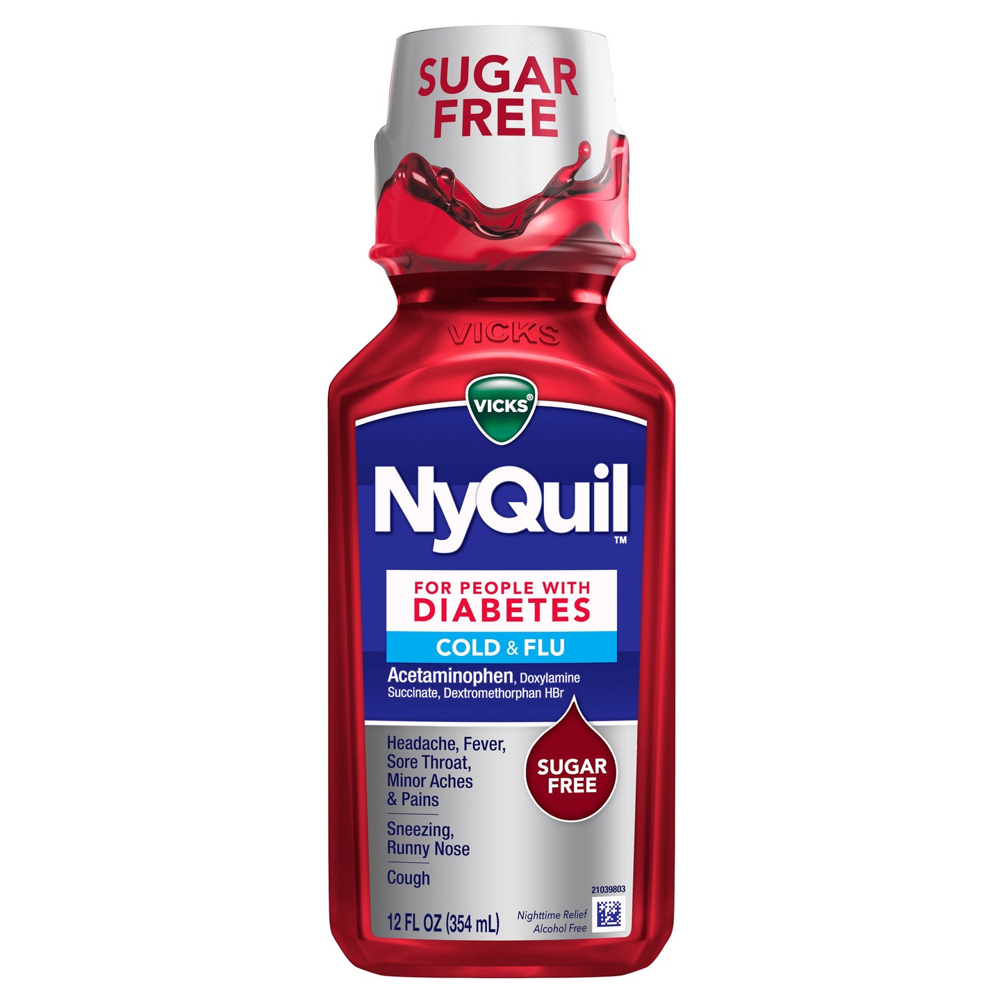 Vicks NyQuil Diabetes Cold & Flu Relief Liquid Over-the-Counter Medicine, Powerful Multi-Symptom Nighttime Relief, Free of Sugar, Alcohol, & Decongestants