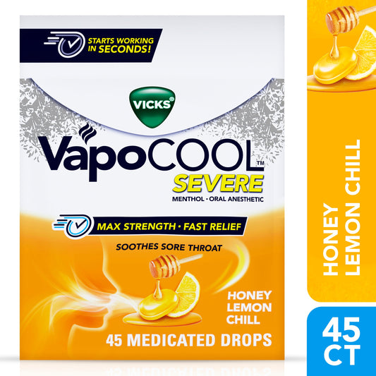 Vicks VapoCOOL SEVERE Max Strength Menthol Sore Throat Lozenge, Honey Lemon Flavor