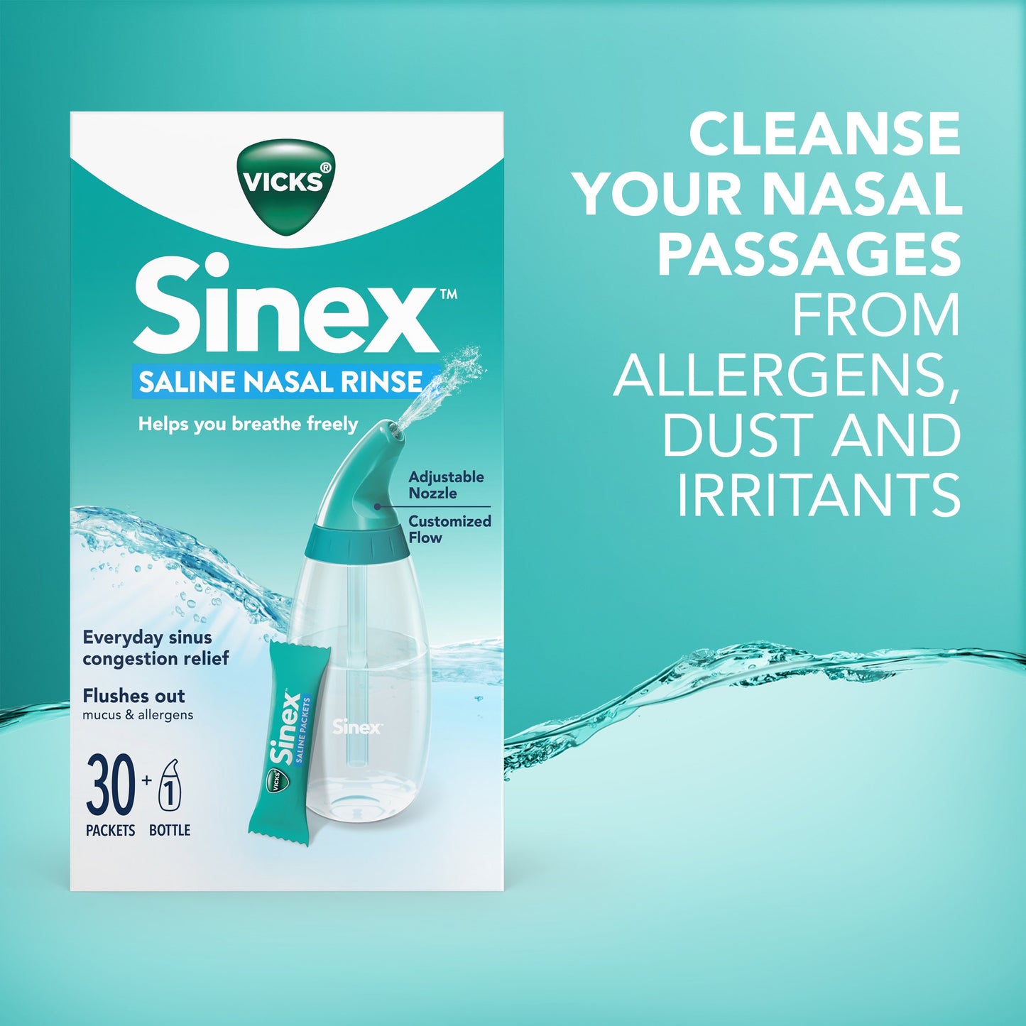 Vicks Sinex Saline Nasal Rinse Starter Kit, Fast & Effective Relief for Everyday Congestion from Sinus & Allergy