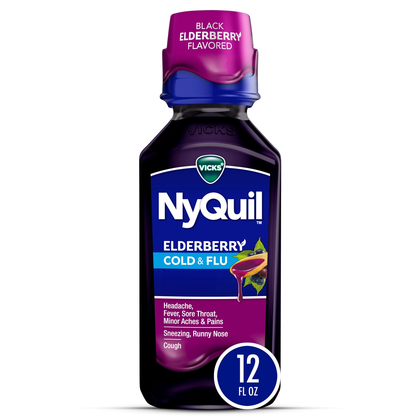 Vicks NyQuil Cold & Flu Relief Liquid Over-the-Counter Medicine, Powerful Multi-Symptom Nighttime Relief, Elderberry Flavor