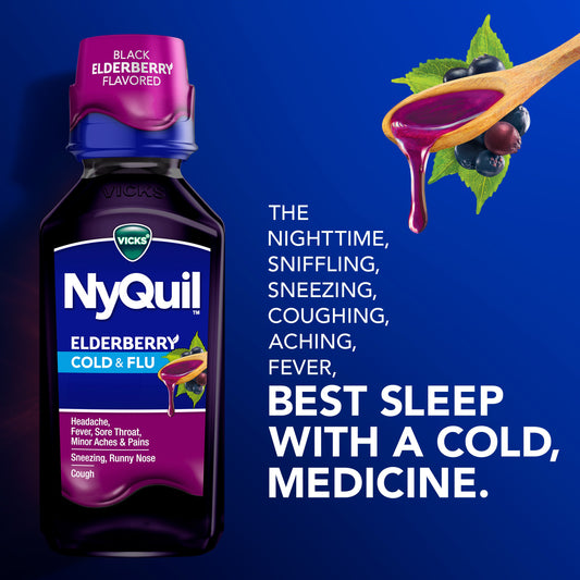 Vicks NyQuil Cold & Flu Relief Liquid Over-the-Counter Medicine, Powerful Multi-Symptom Nighttime Relief, Elderberry Flavor