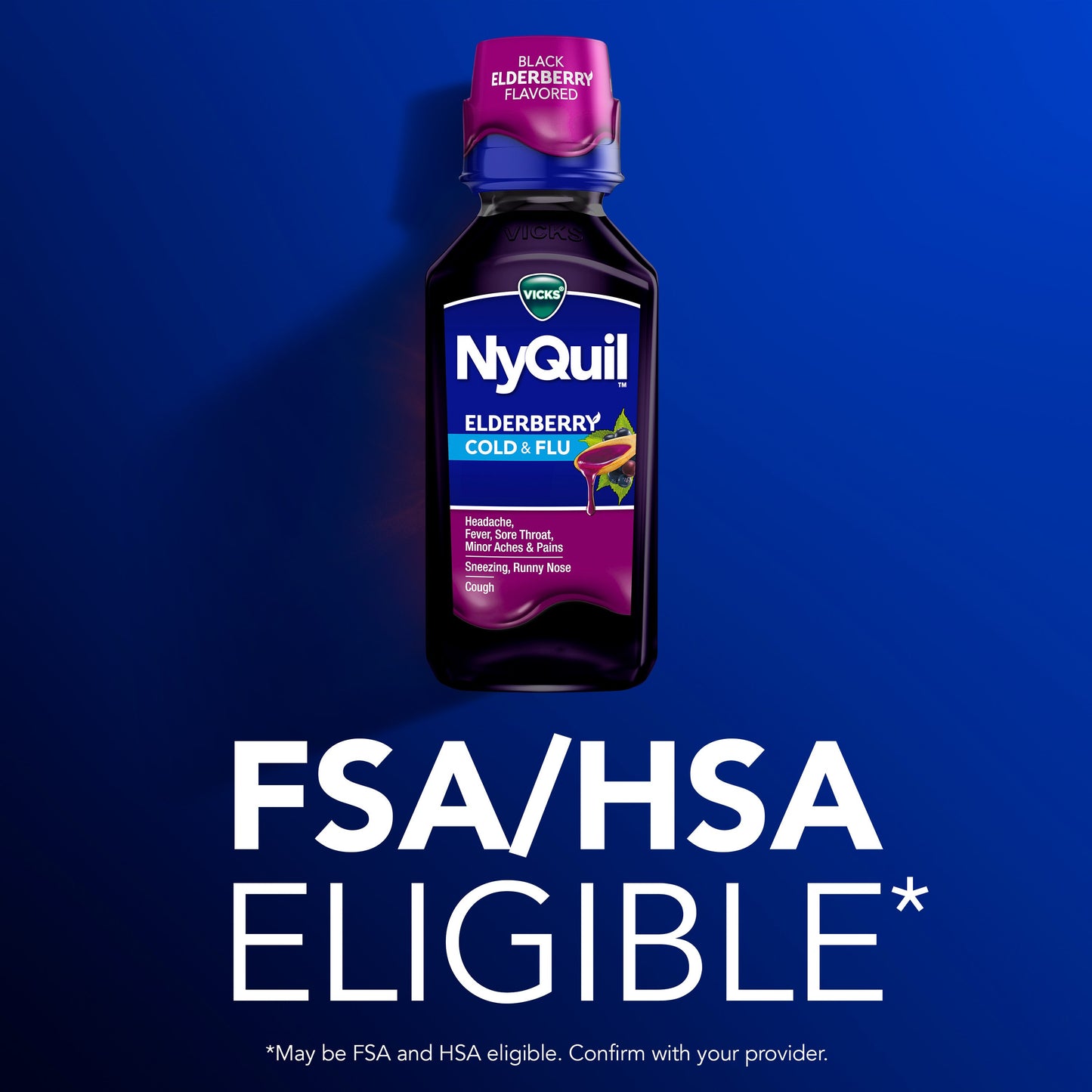 Vicks NyQuil Cold & Flu Relief Liquid Over-the-Counter Medicine, Powerful Multi-Symptom Nighttime Relief, Elderberry Flavor