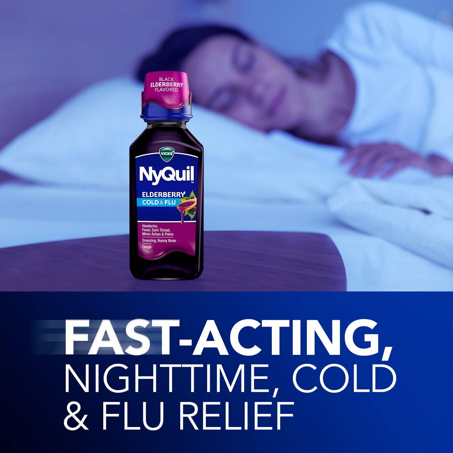 Vicks NyQuil Cold & Flu Relief Liquid Over-the-Counter Medicine, Powerful Multi-Symptom Nighttime Relief, Elderberry Flavor