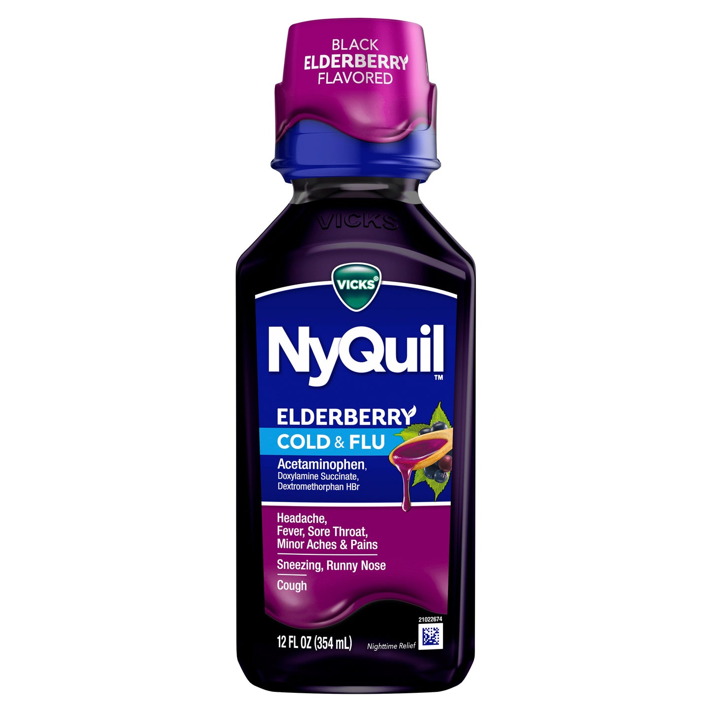 Vicks NyQuil Cold & Flu Relief Liquid Over-the-Counter Medicine, Powerful Multi-Symptom Nighttime Relief, Elderberry Flavor