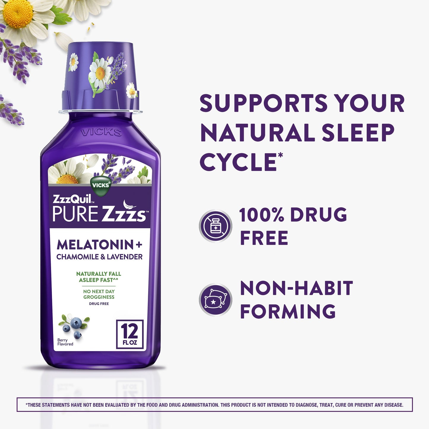 Vicks ZzzQuil Pure Zzzs Melatonin Liquid, Sleep Aid with Chamomile & Lavender, Berry Flavor