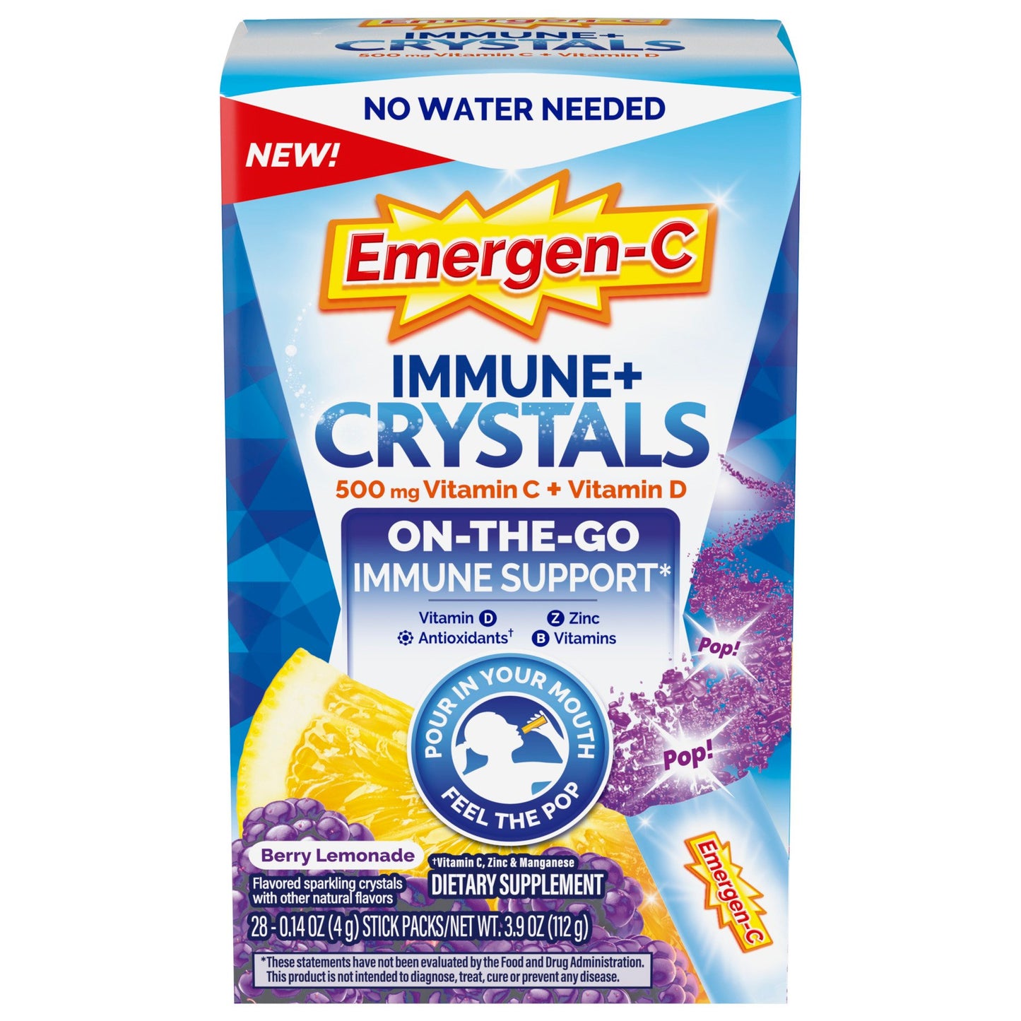 Emergen-C Immune+ Crystals, On-the-Go Immune Support Supplement with Vitamin C, Vitamin D, B Vitamins, Zinc and Manganese, Berry Lemonade