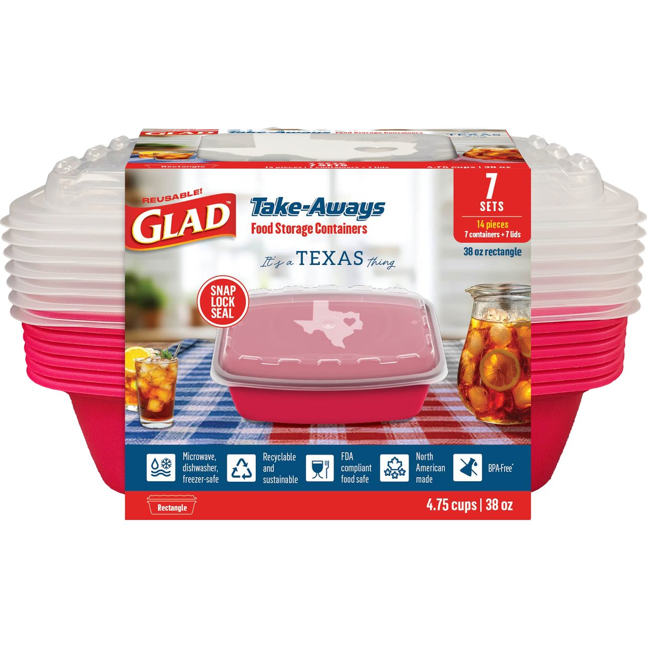 Glad Take-Aways Rectangle Food Storage Containers - Red Texas Edition, 7 pk