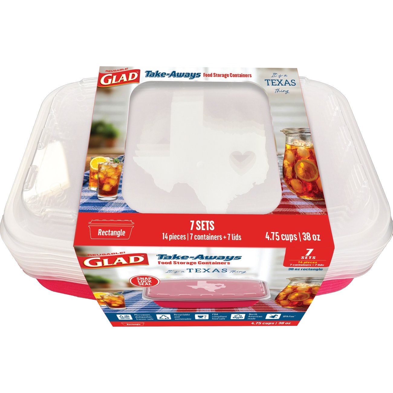 Glad Take-Aways Rectangle Food Storage Containers - Red Texas Edition, 7 pk