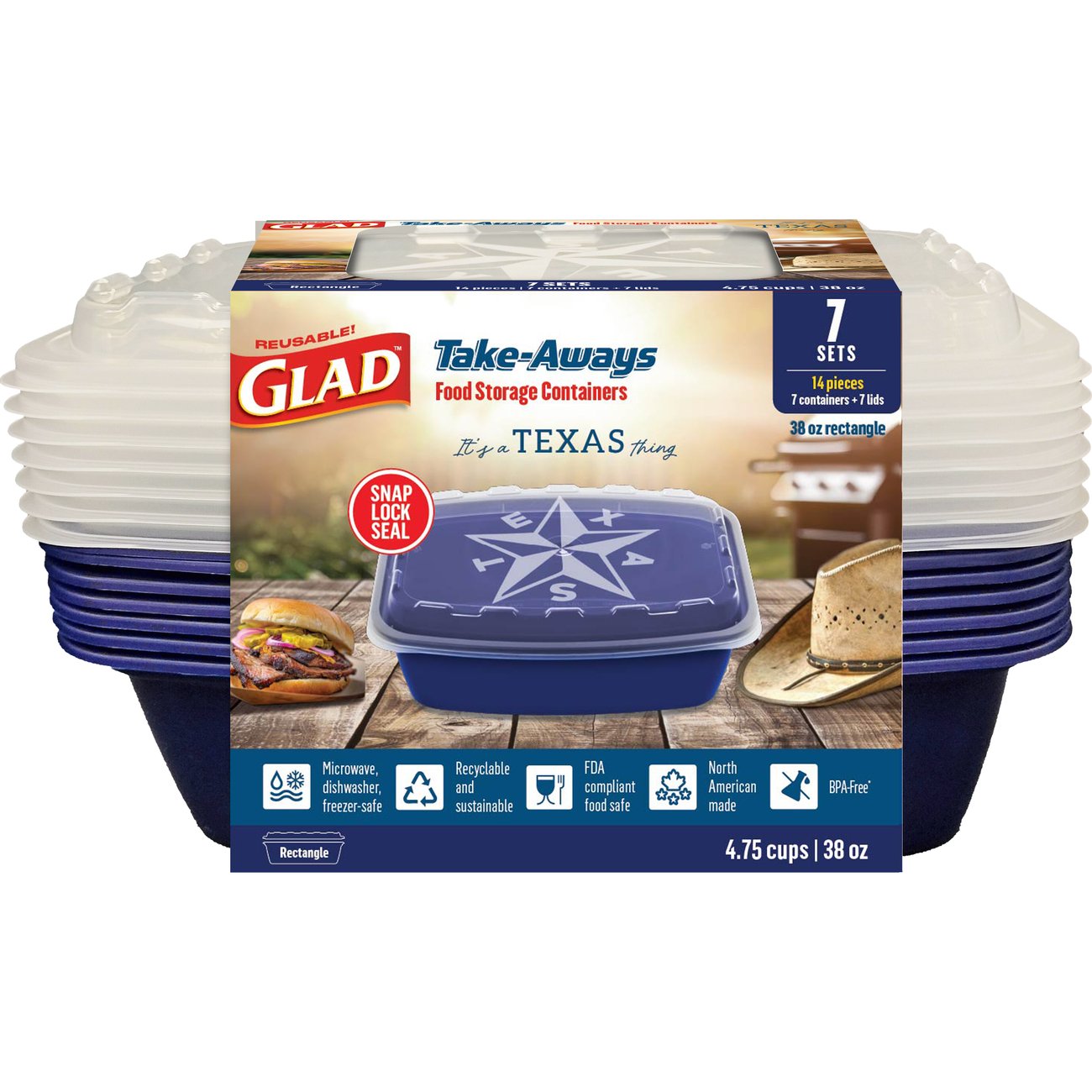 Glad Take-Aways Rectangle Food Storage Containers - Blue Texas Edition, 7 pk