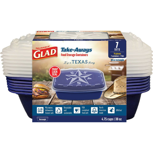 Glad Take-Aways Rectangle Food Storage Containers - Blue Texas Edition, 7 pk