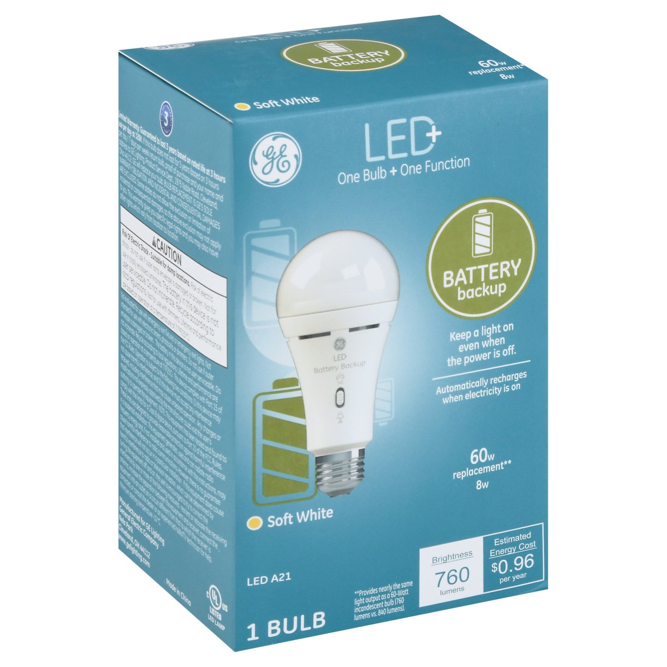 GE Battery Backup A21 60-Watt LED+ Light Bulb - Soft White