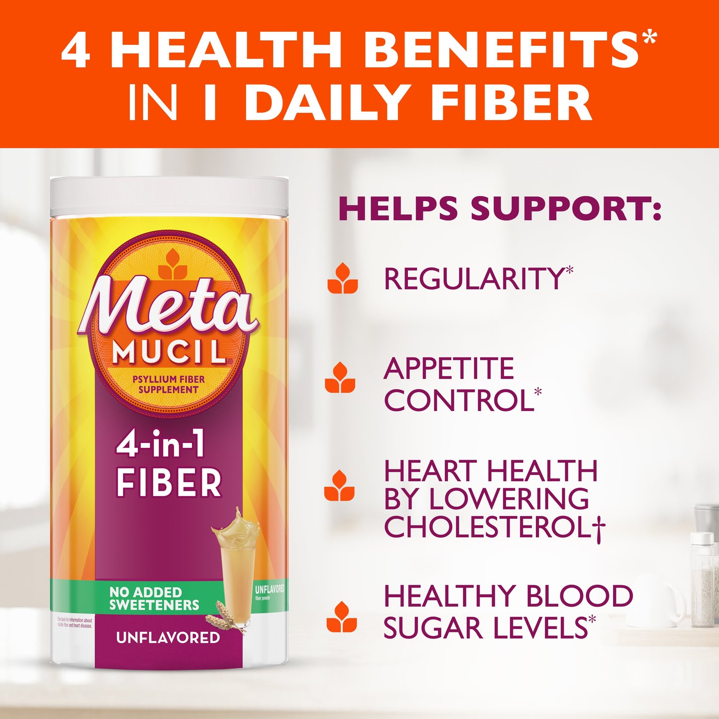 Metamucil 4-in-1 Psyllium Husk Fiber Supplement, Daily Fiber Powder for Digestive Health, Unflavored