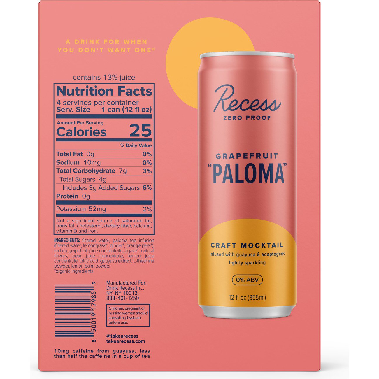 Recess Zero Proof Grapefruit Paloma Craft Mocktail 4 pk Cans