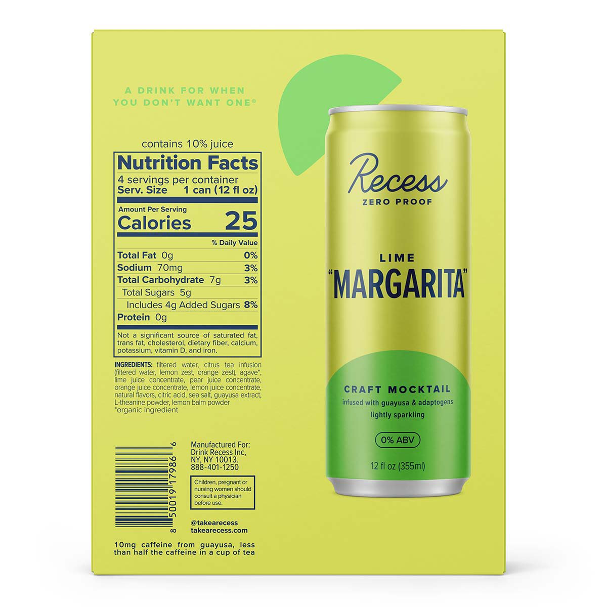Recess Zero Proof Lime Margarita Craft Mocktail 4 pk Cans