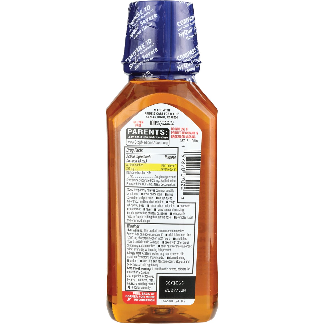 H-E-B Nighttime Severe Cold & Flu Pain Relief Liquid - Honey