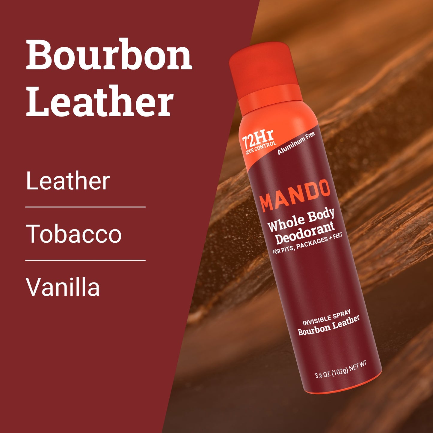 Mando Whole Body Men's Deodorant - Invisible Spray Deodorant - Aluminum Free - Bourbon Leather