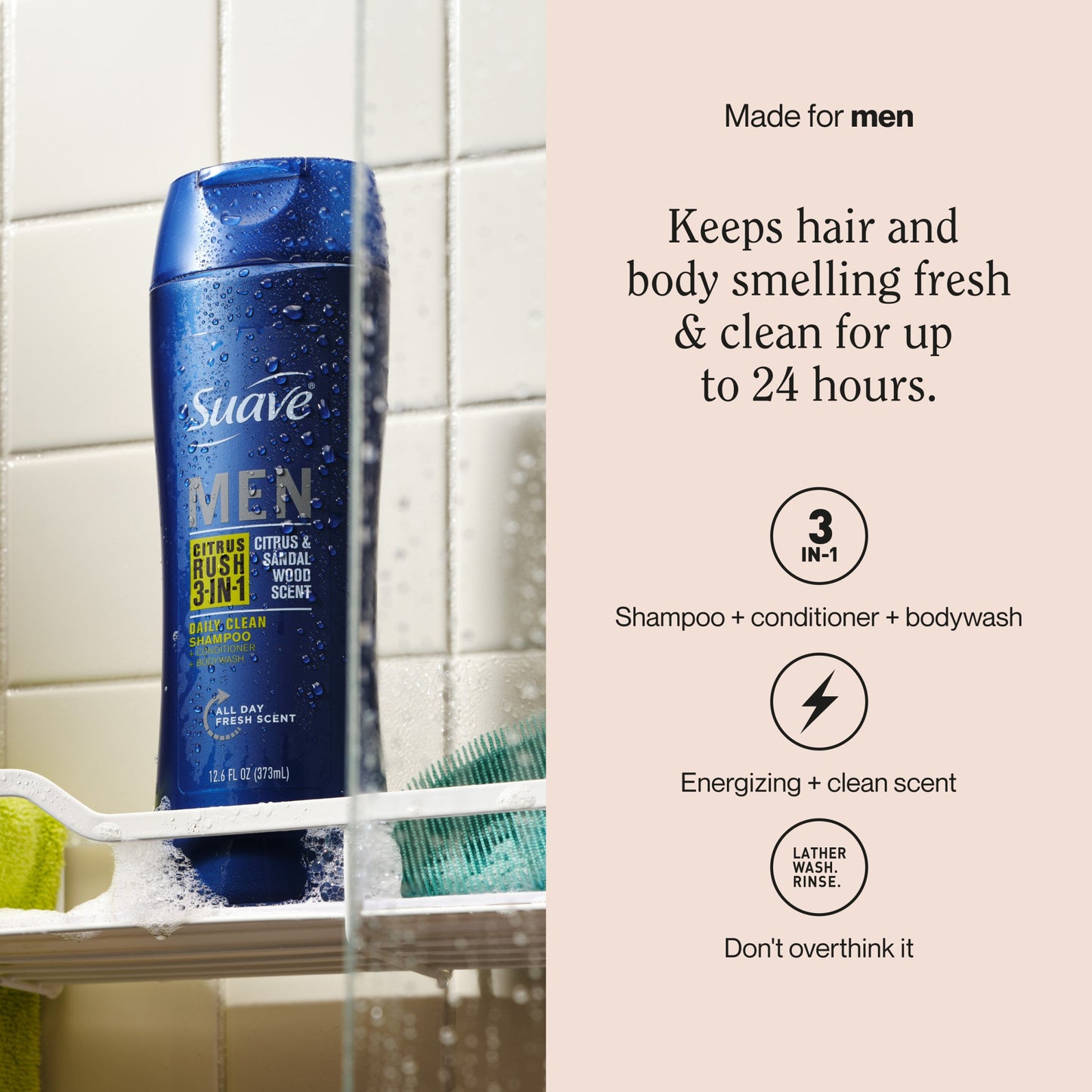 Suave Men Citrus Rush 3-in-1 Shampoo, Conditioner, and Body Wash