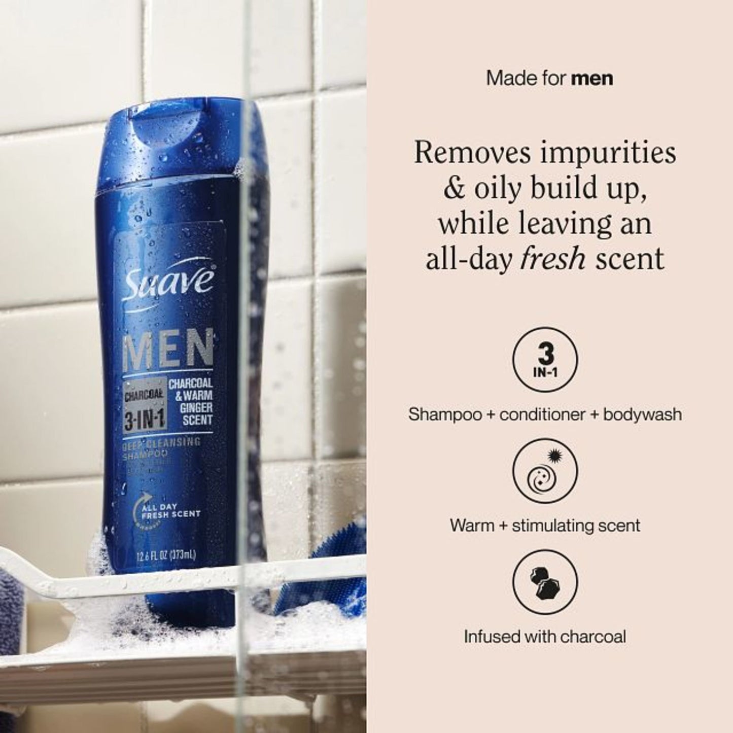 Suave Men Charcoal 3-in-1 Shampoo, Conditioner & Body Wash