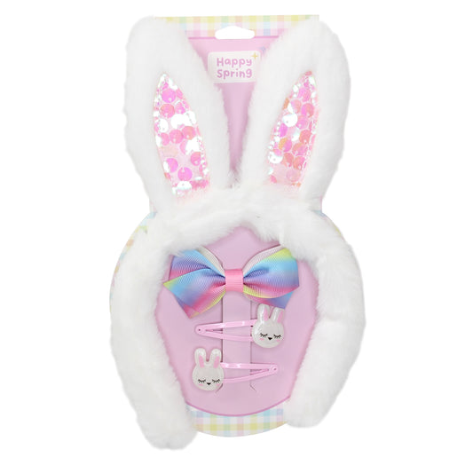 Happy Spring Pink Easter Bunny Ears Headband & Hair Clips