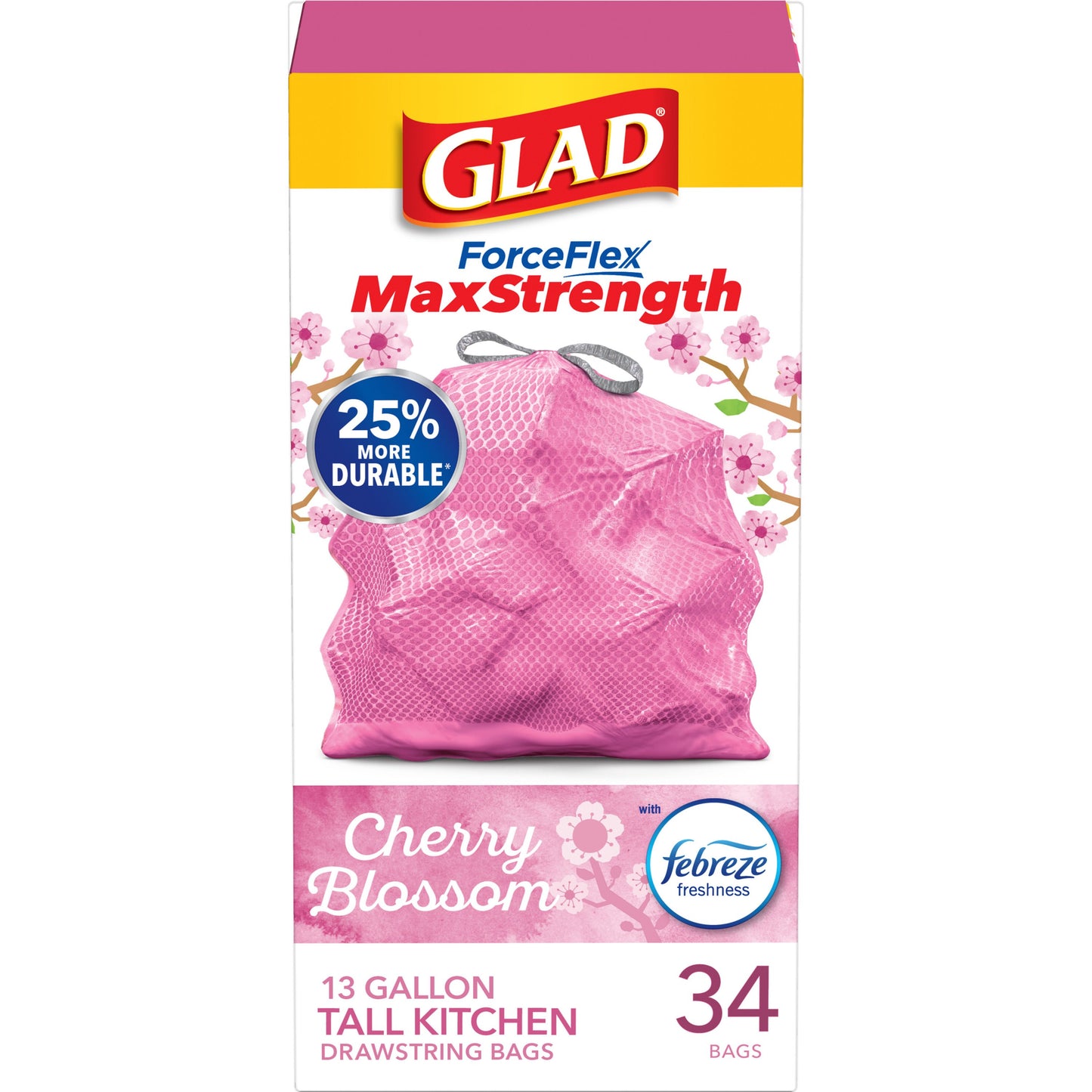 Glad ForceFlex Drawstring Trash Bags, 13 Gallon - Cherry Blossom