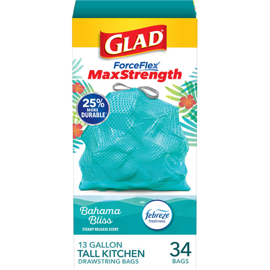 Glad ForceFlex Max Strength Trash Bags, 13 Gallon - Febreze Bahama Bliss