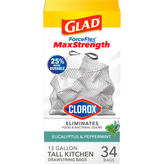 Glad ForceFlex Max Strength Clorox Trash Bags, 13 Gallon - Eucalyptus & Peppermint