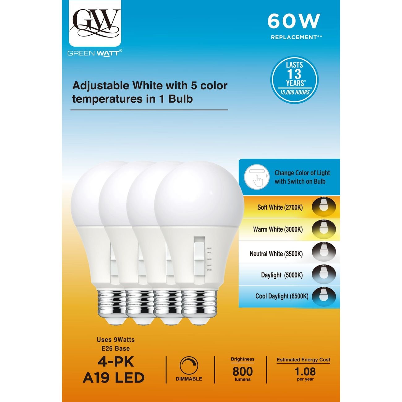 Green Watt A19 60-Watt LED Dimmable Light Bulb