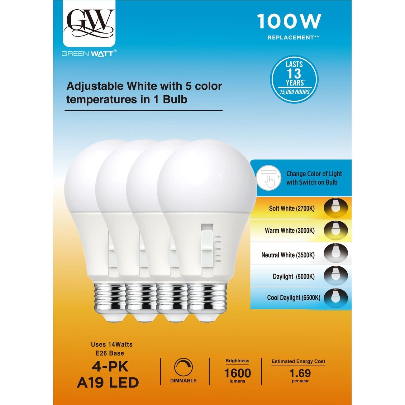 Green Watt A19 100-Watt A19  LED Dimmable Light Bulb