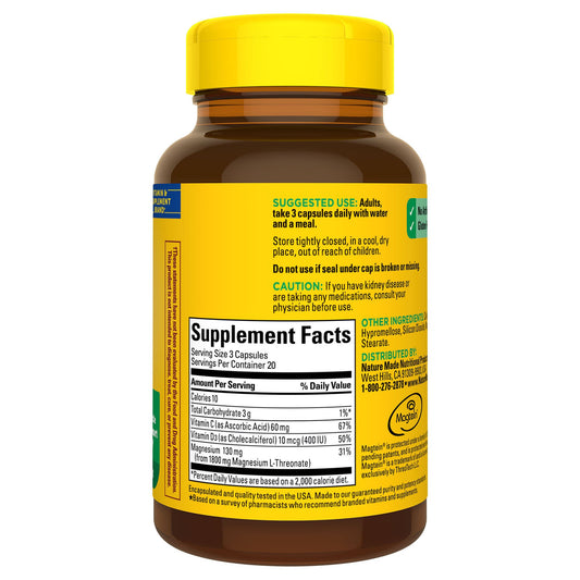 Nature Made Magnesium L-Threonate with Vitamins C & D3 Capsules