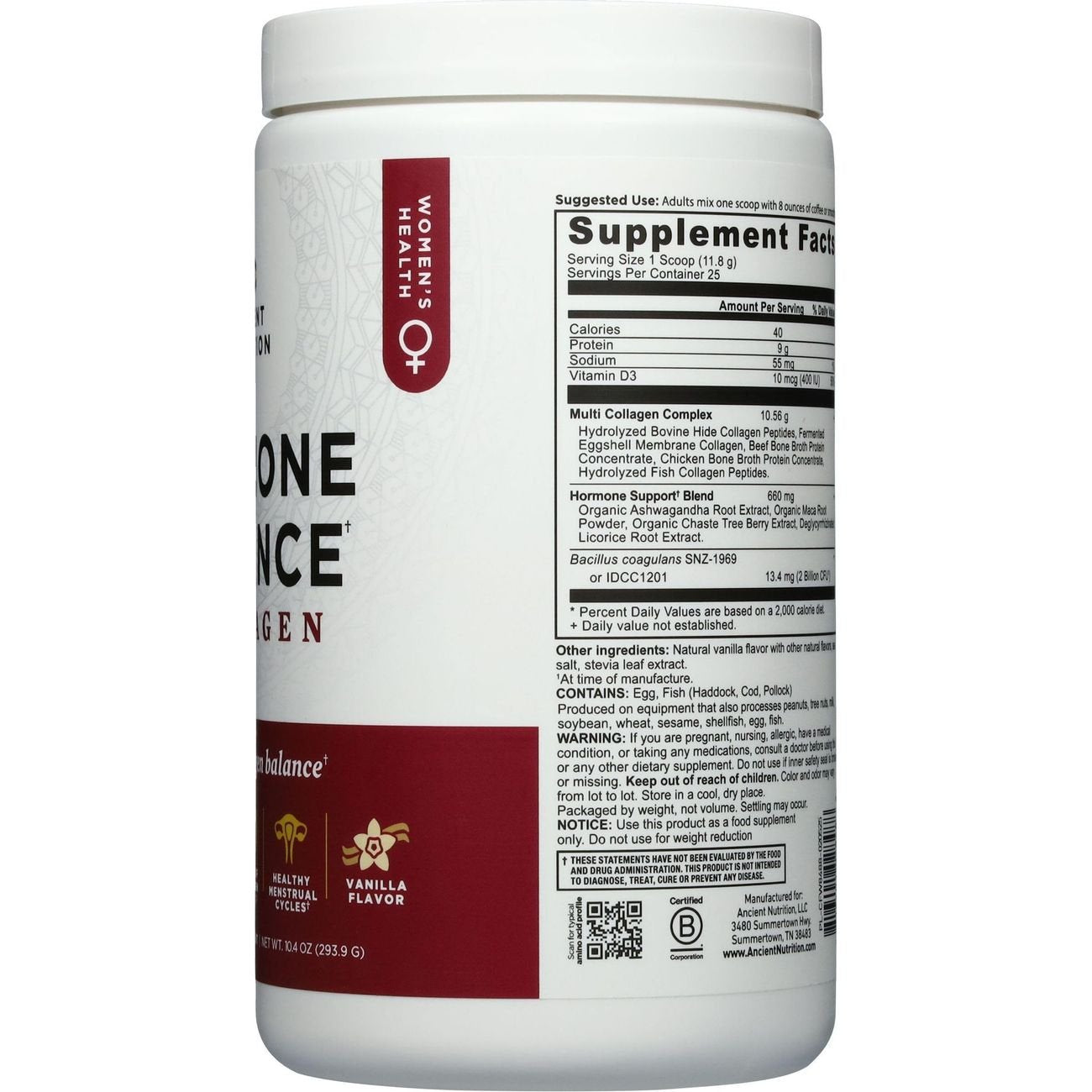 Ancient Nutrition Women's Hormone Balance + Collagen Powder - Vanilla