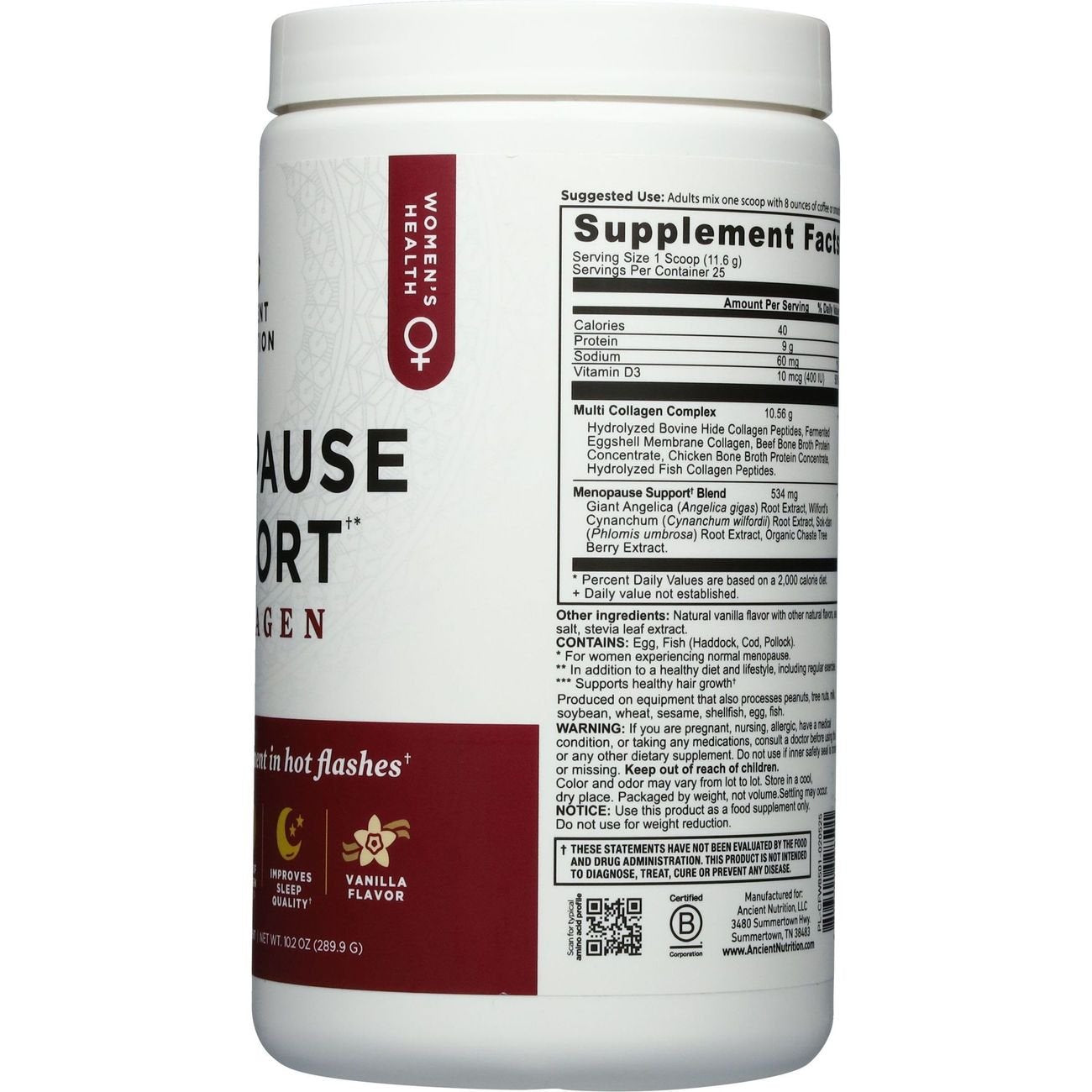 Ancient Nutrition Women's Menopause Support + Collagen Powder - Vanilla