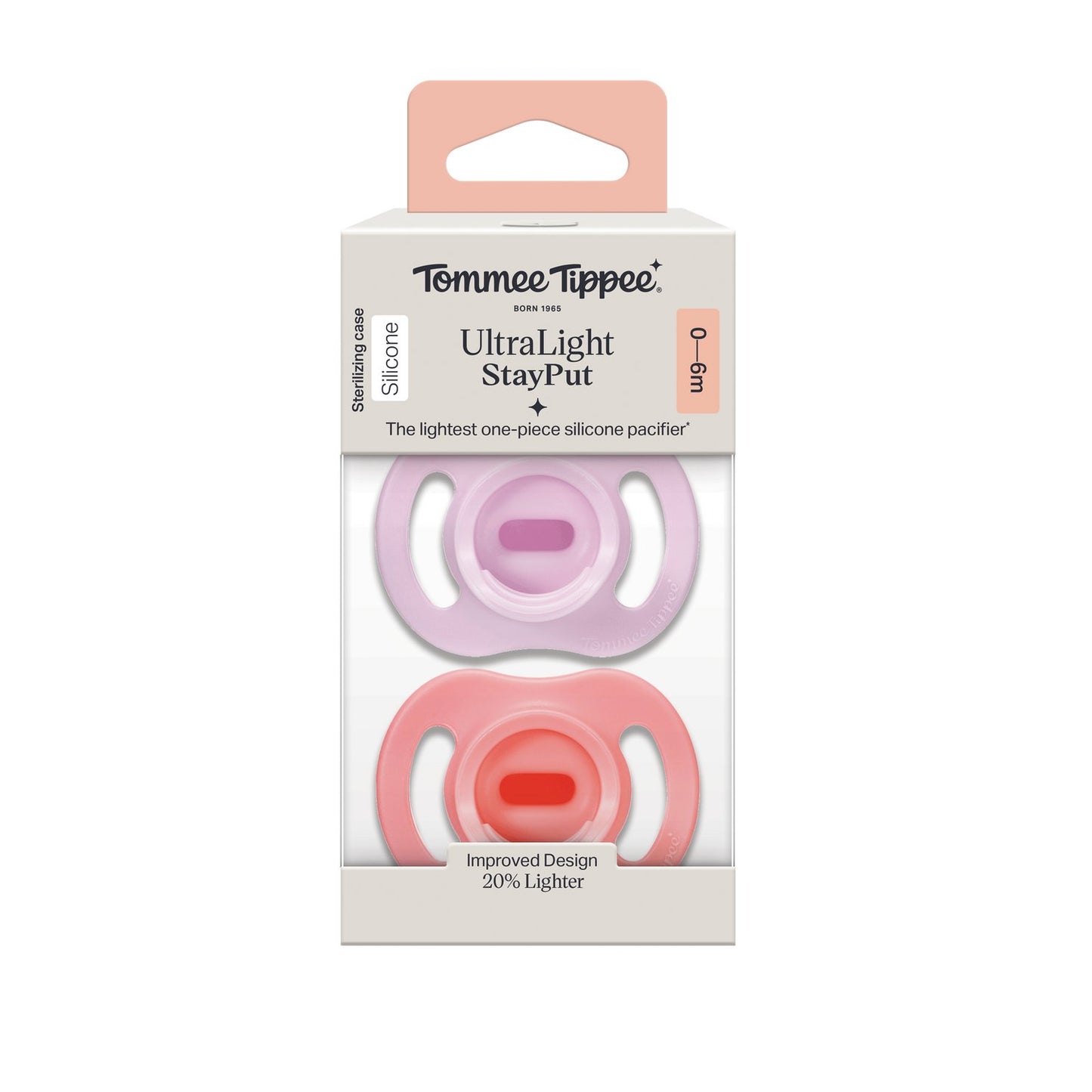 Tommee Tippee Ultra-light Stayput Silicone Pacifiers for 0-6 Months, Pink & Purple