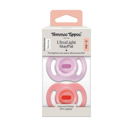 Tommee Tippee Ultra-light Stayput Silicone Pacifiers for 0-6 Months, Pink & Purple