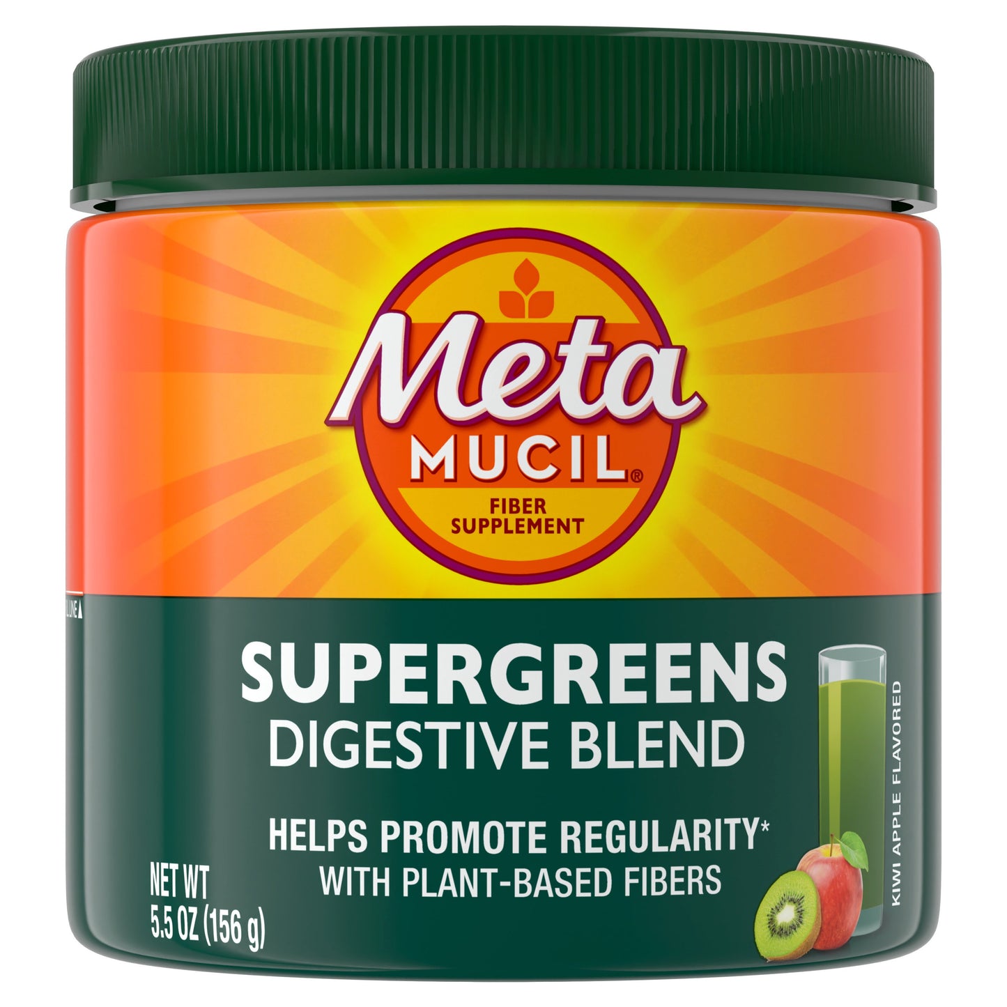 Metamucil Greens SuperFood Powder Fiber Supplement for Digestive Health & Regularity, Gluten Free Plant-Based Stevia, Kiwi Apple Flavor