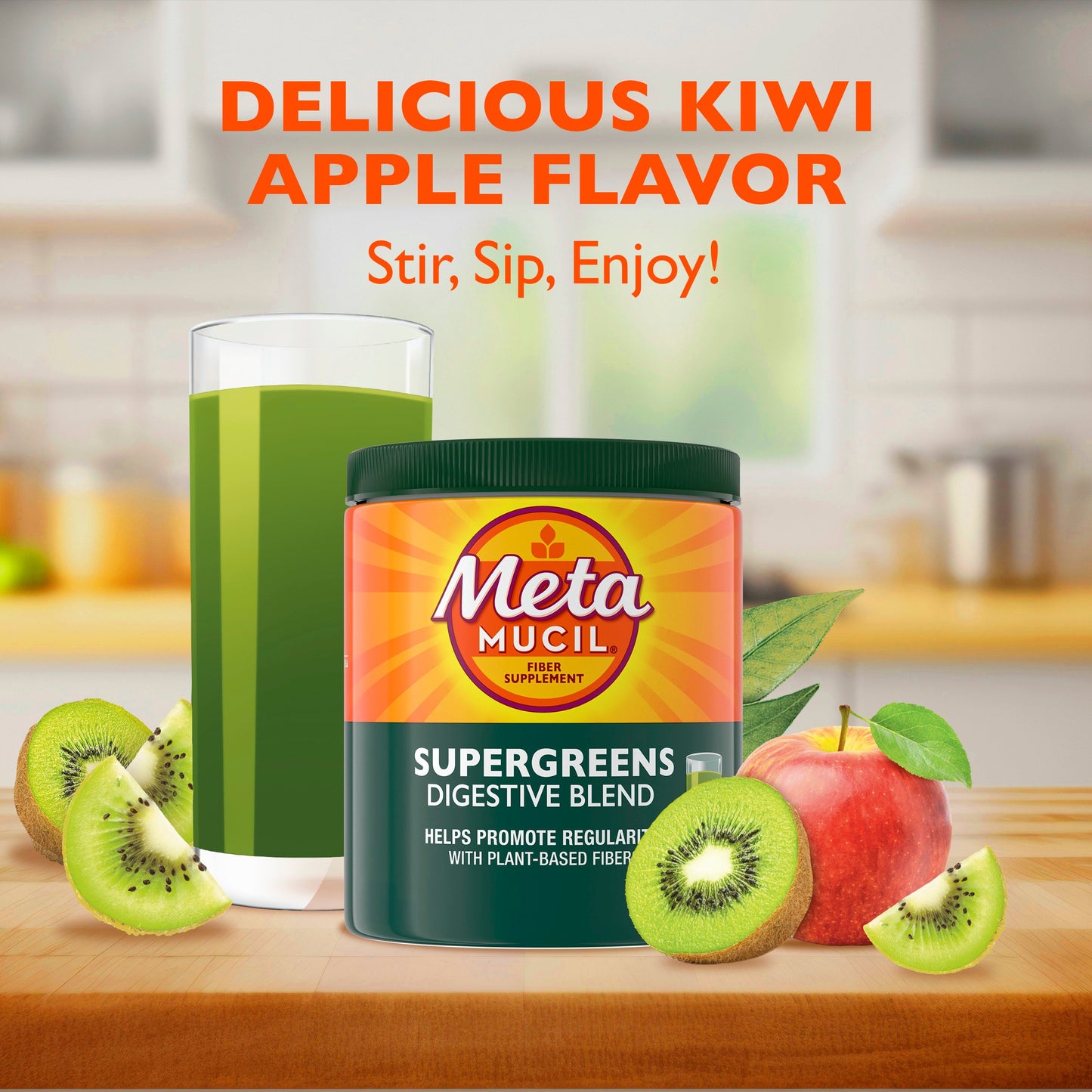 Metamucil Greens SuperFood Powder Fiber Supplement for Digestive Health & Regularity, Gluten Free Plant-Based Stevia, Kiwi Apple Flavor