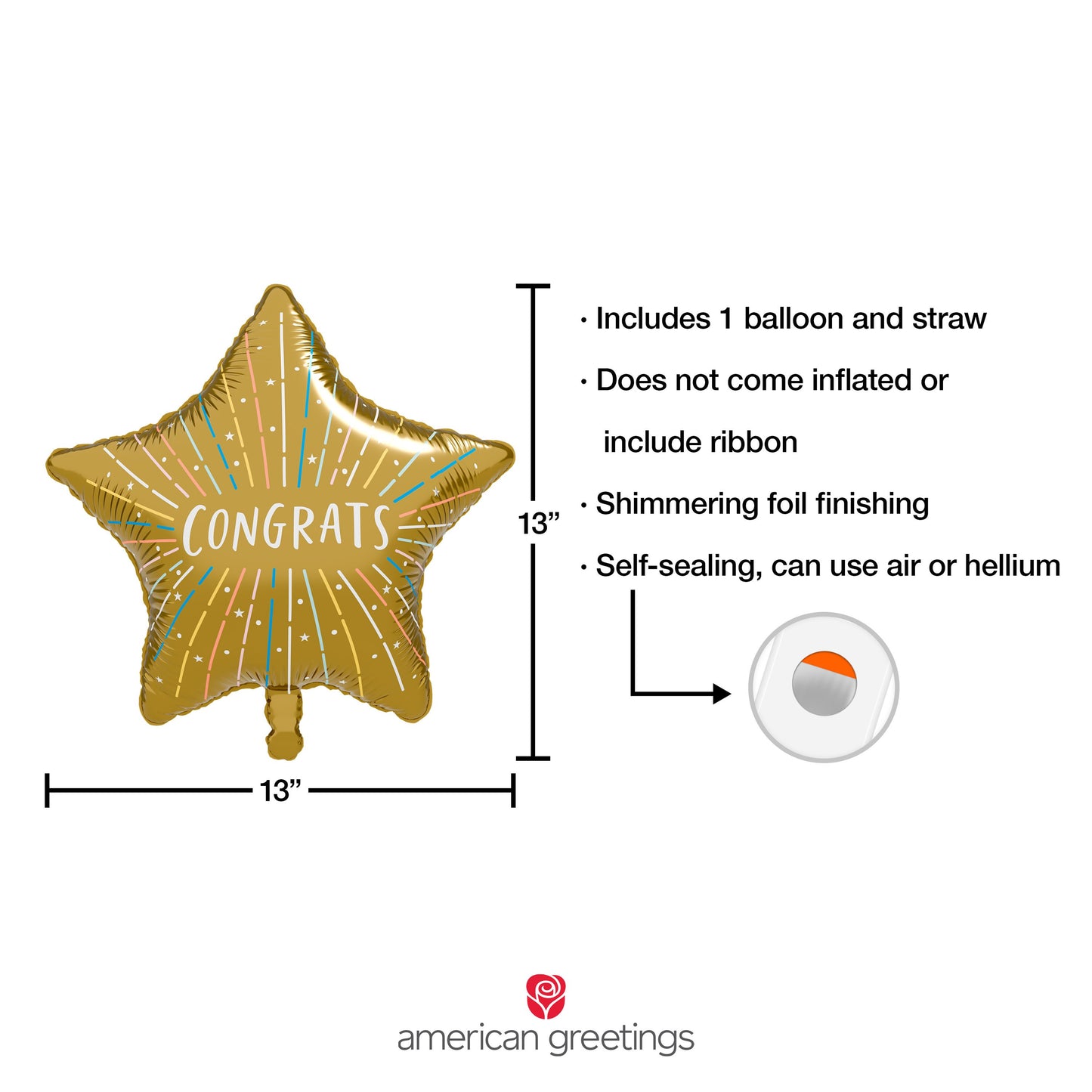 American Greetings Congrats Star Design Uninflated Foil Balloon with Inflation Straw