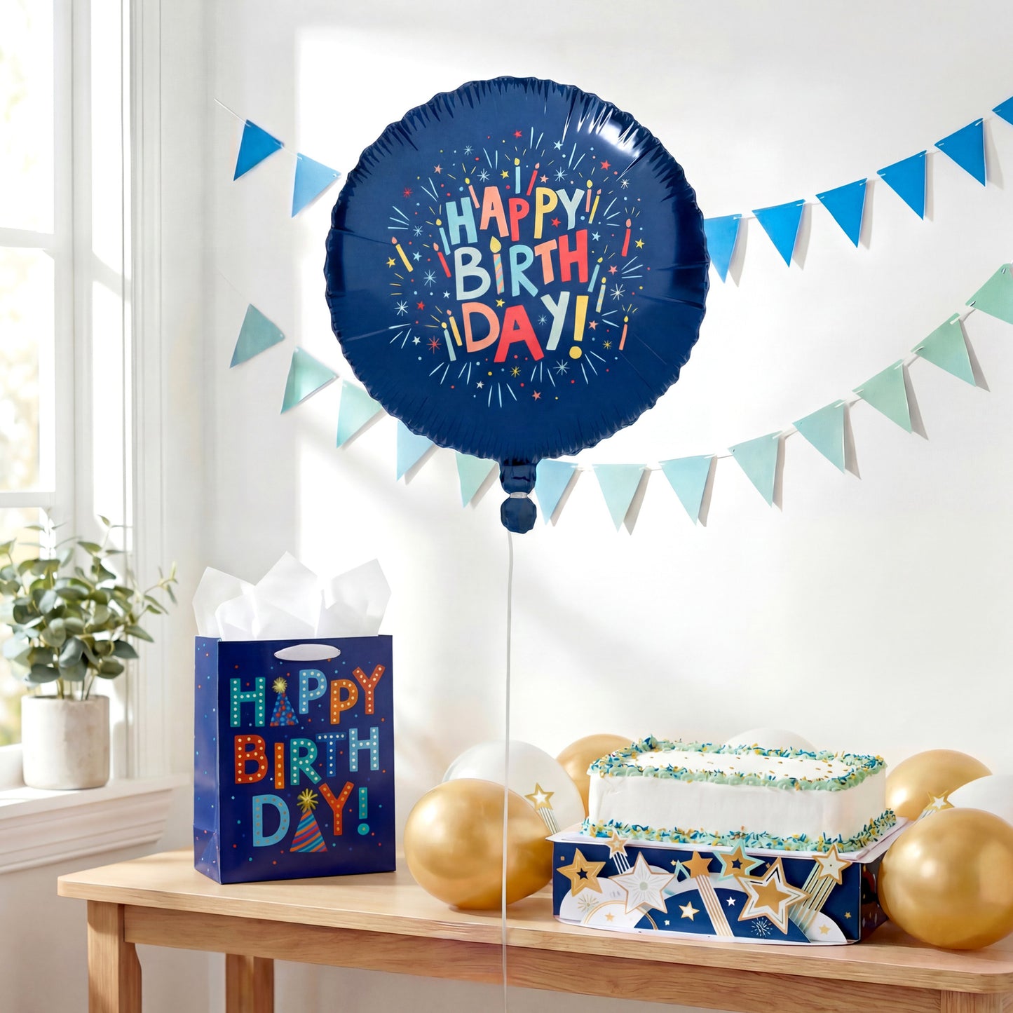 American Greetings Happy Birthday Blue Lettering Design Uninflated Foil Balloon with Inflation Straw