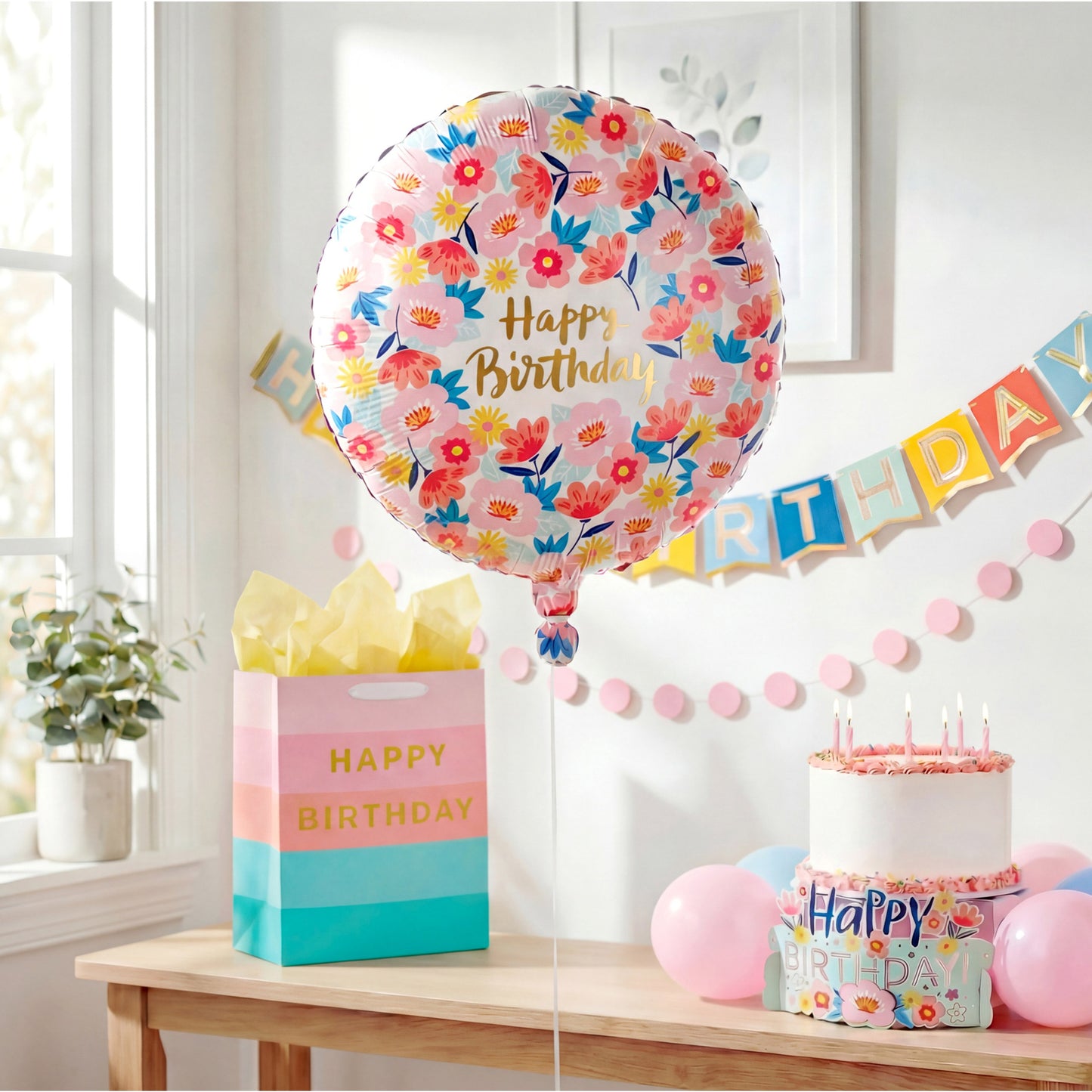 American Greetings Happy Birthday Floral Foil Uninflated Balloon with Inflation Straw