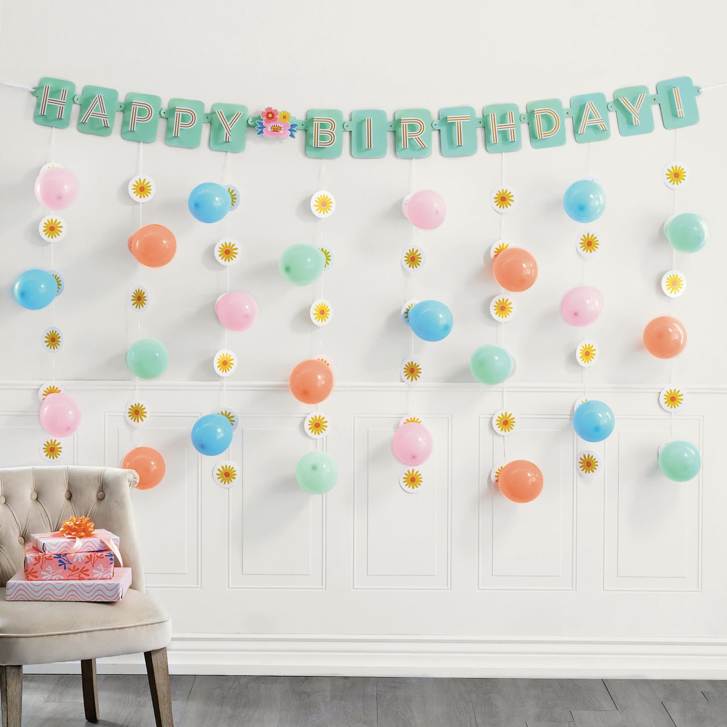 American Greetings Floral Mint Birthday Balloon Banner Kit with Daisy Drop Decorations & Balloons