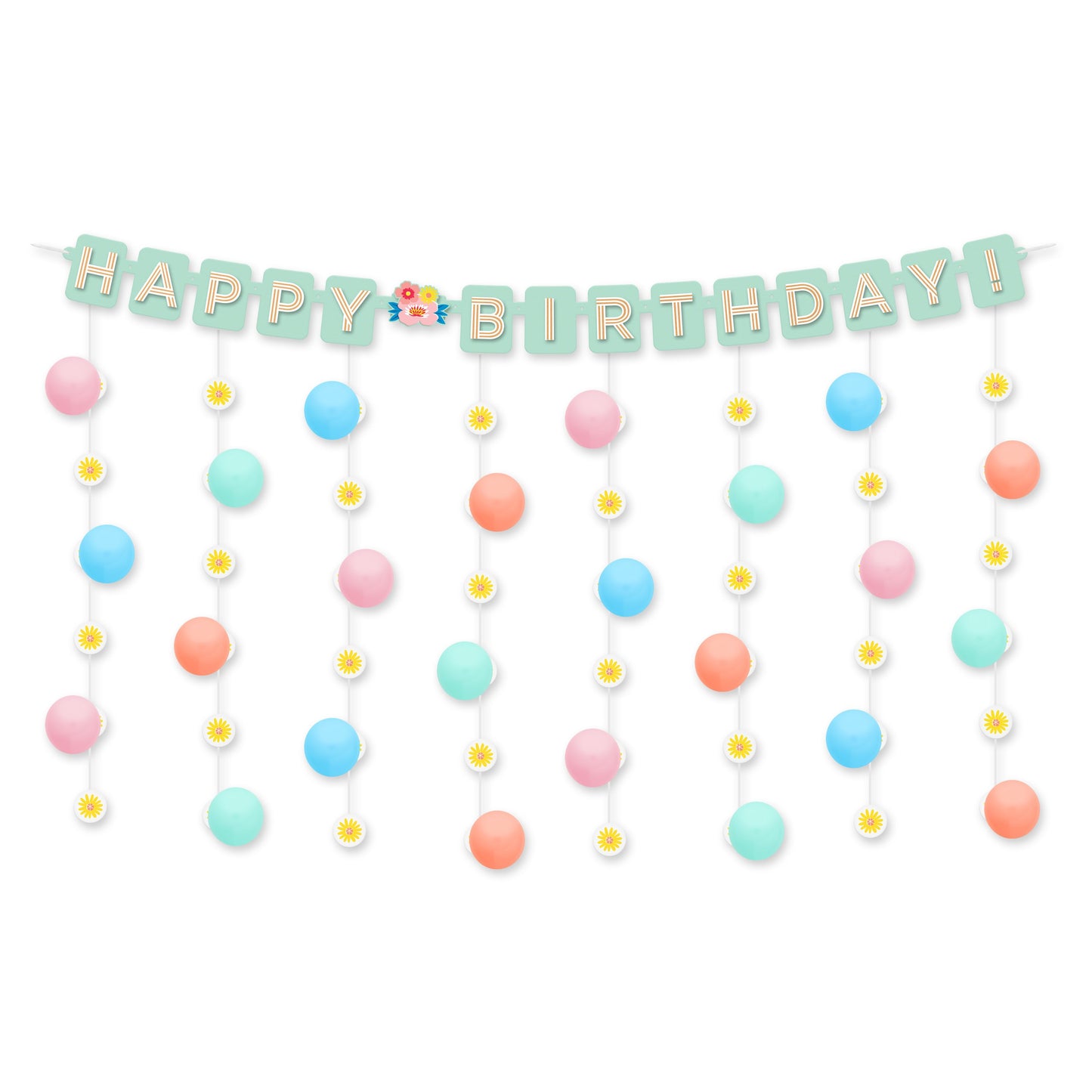 American Greetings Floral Mint Birthday Balloon Banner Kit with Daisy Drop Decorations & Balloons