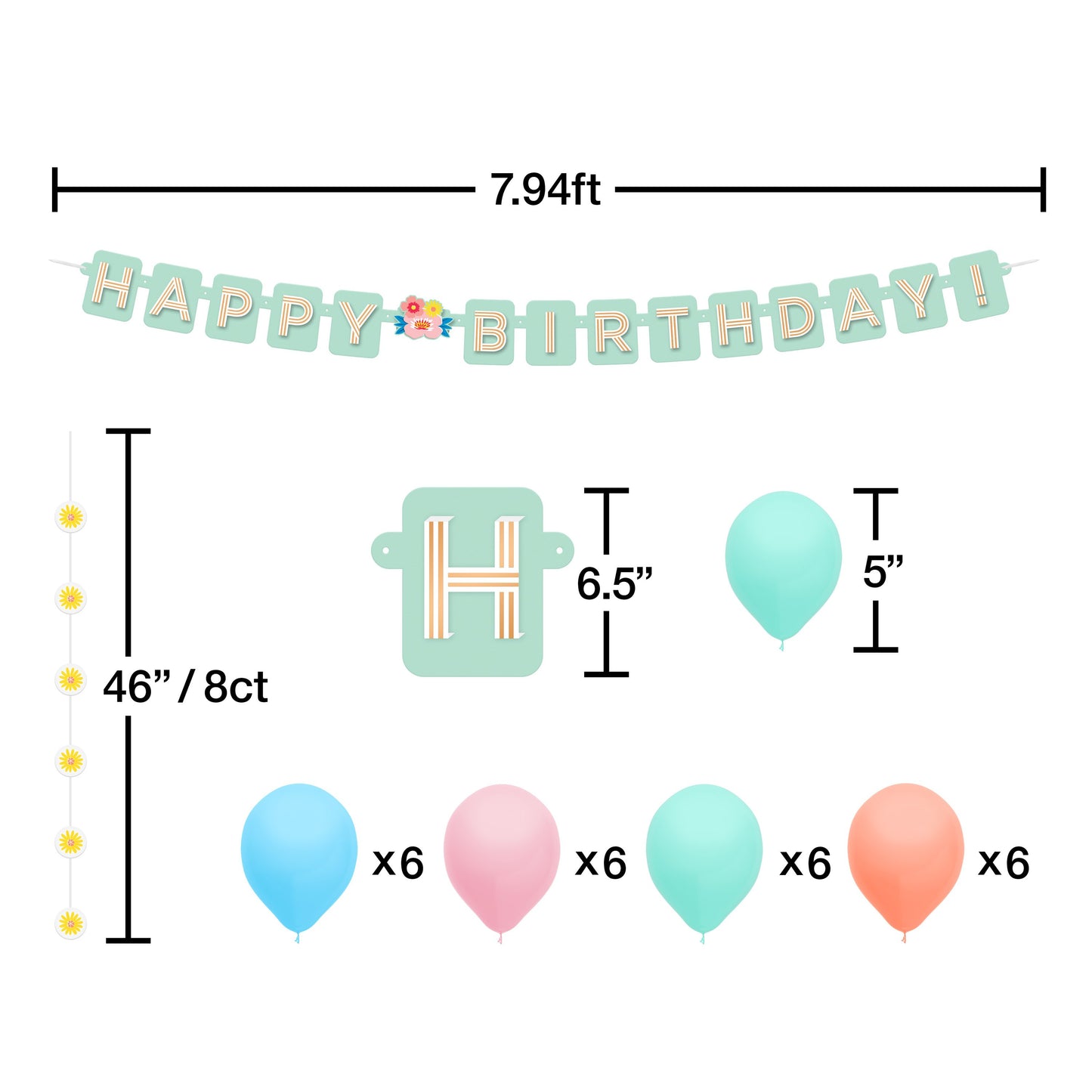 American Greetings Floral Mint Birthday Balloon Banner Kit with Daisy Drop Decorations & Balloons