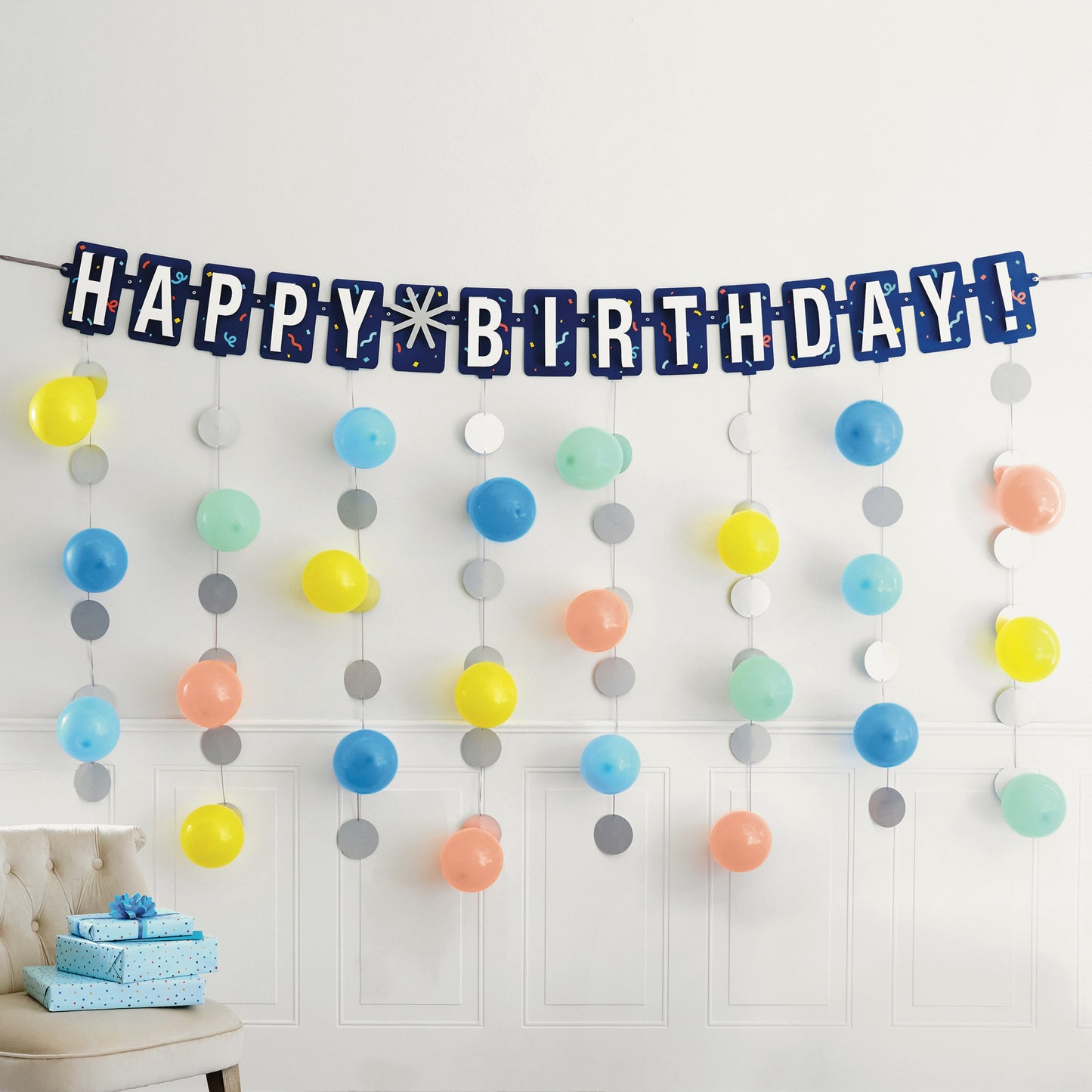 American Greetings Colorful Birthday Balloon Banner Kit with Confetti Drop Decorations