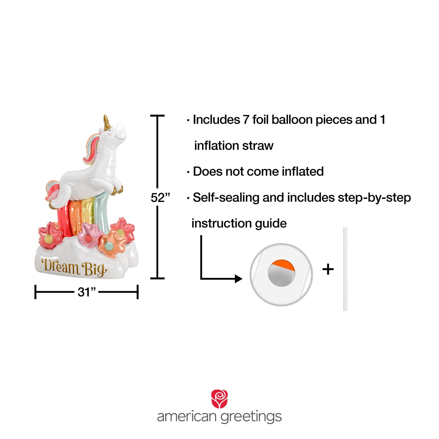 American Greetings Unicorn “Dream Big” Uninflated Giant Mylar Balloon Kit with Inflation Straw