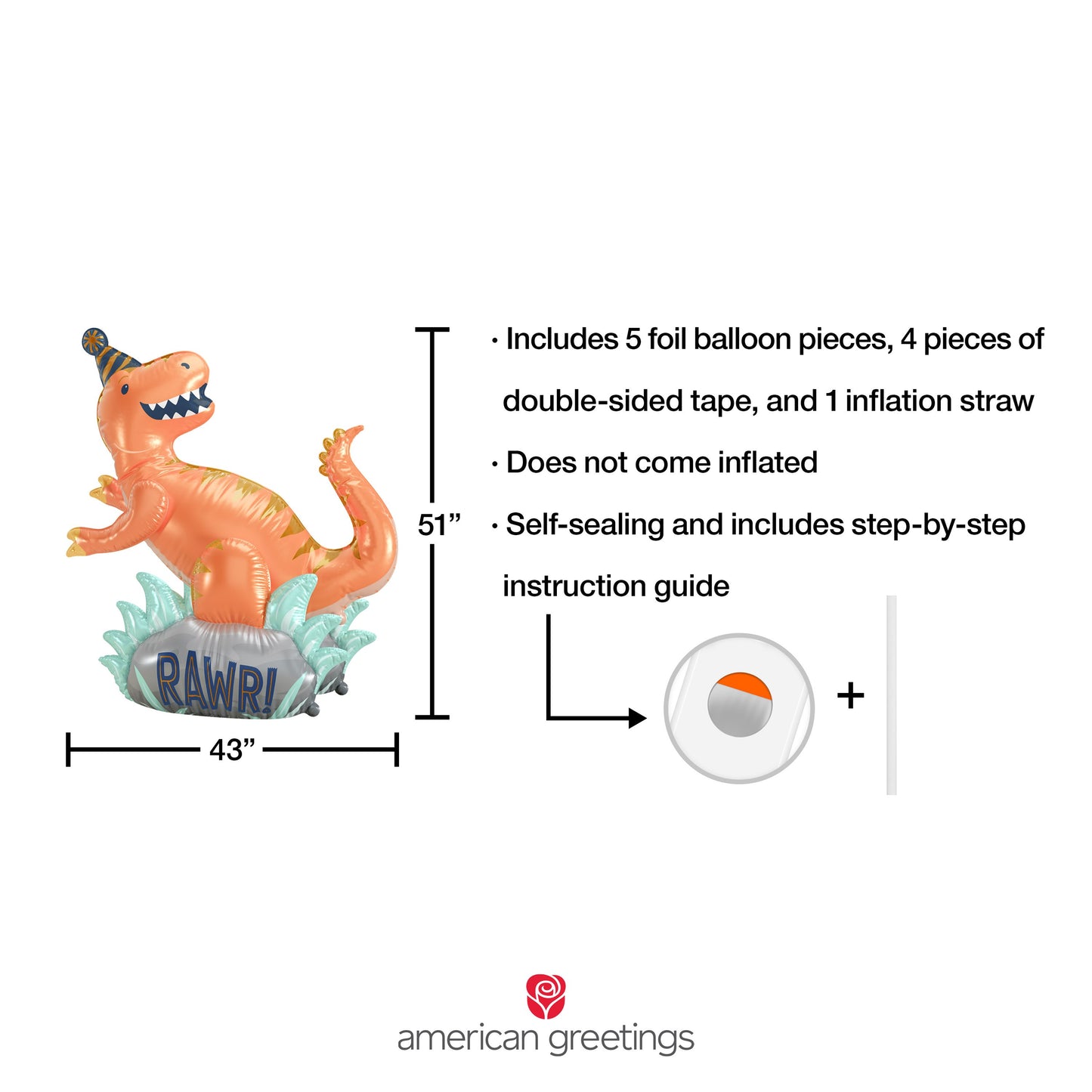 American Greetings Giant Dinosaur “RAWR!” Uninflated Mylar Balloon Kit with Inflation Straw