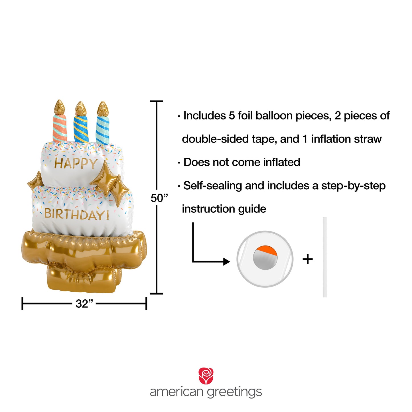American Greetings Cake “Happy Birthday” Giant Uninflated Mylar Balloon Kit with Inflation Straw