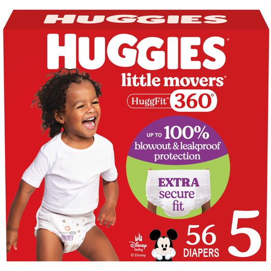 Huggies Little Movers HuggFit 360° Baby Diapers with 360° Waistband, Size 5 (27+ lbs)