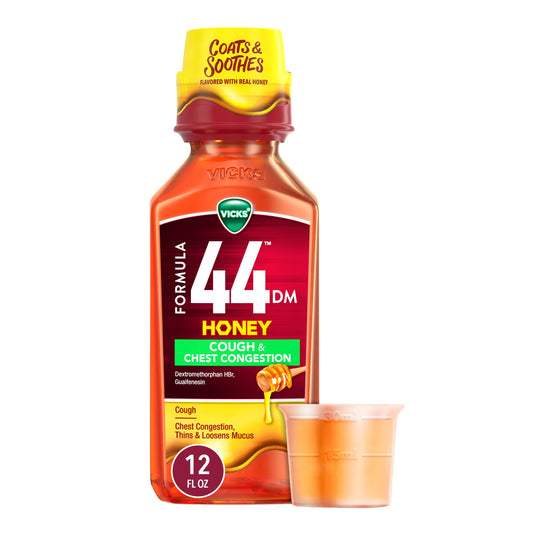 Vicks Formula 44 DM Cough & Congestion Liquid, Over-the-Counter Medicine, Powerful Daytime & Nighttime Relief, Honey Flavor