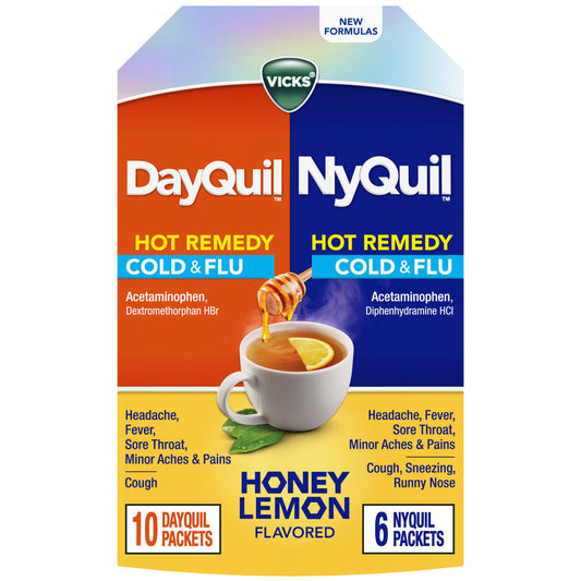 Vicks DayQuil & NyQuil Hot Remedy Cold & Flu Powder Mix Packets, Over-the-Counter Medicine, Daytime & Nighttime Fast Relief, Combo Pack
