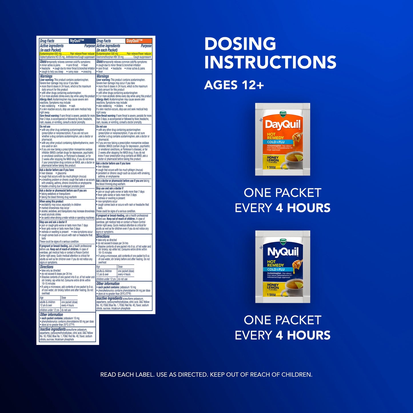 Vicks DayQuil & NyQuil Hot Remedy Cold & Flu Powder Mix Packets, Over-the-Counter Medicine, Daytime & Nighttime Fast Relief, Combo Pack